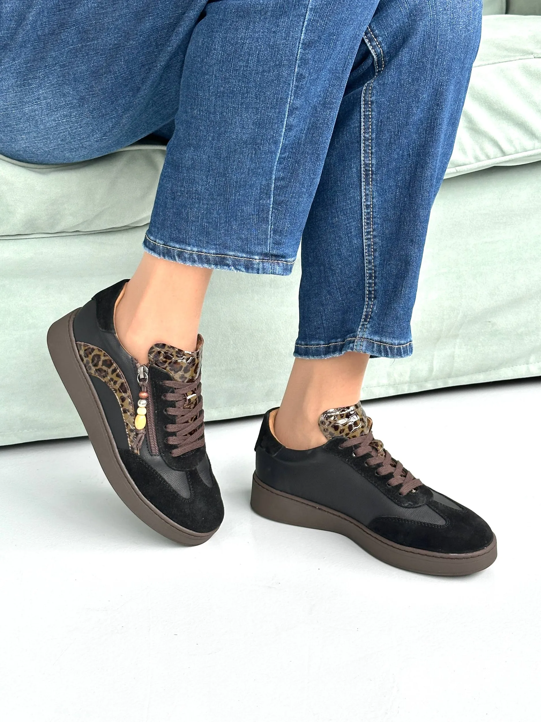 Кроссовки кожаные NilaNila D26KA-365 BLACK/LEOPARD